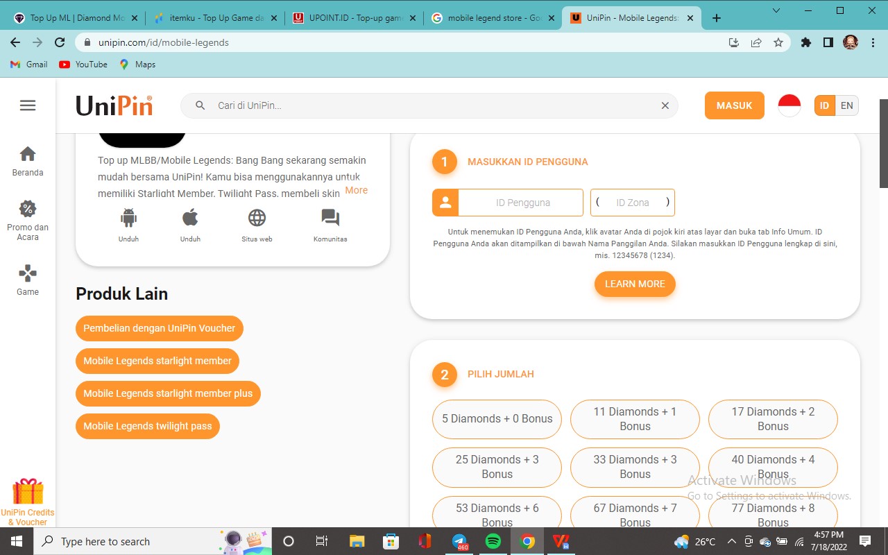 Cara Top Up Diamond ML di UniPin