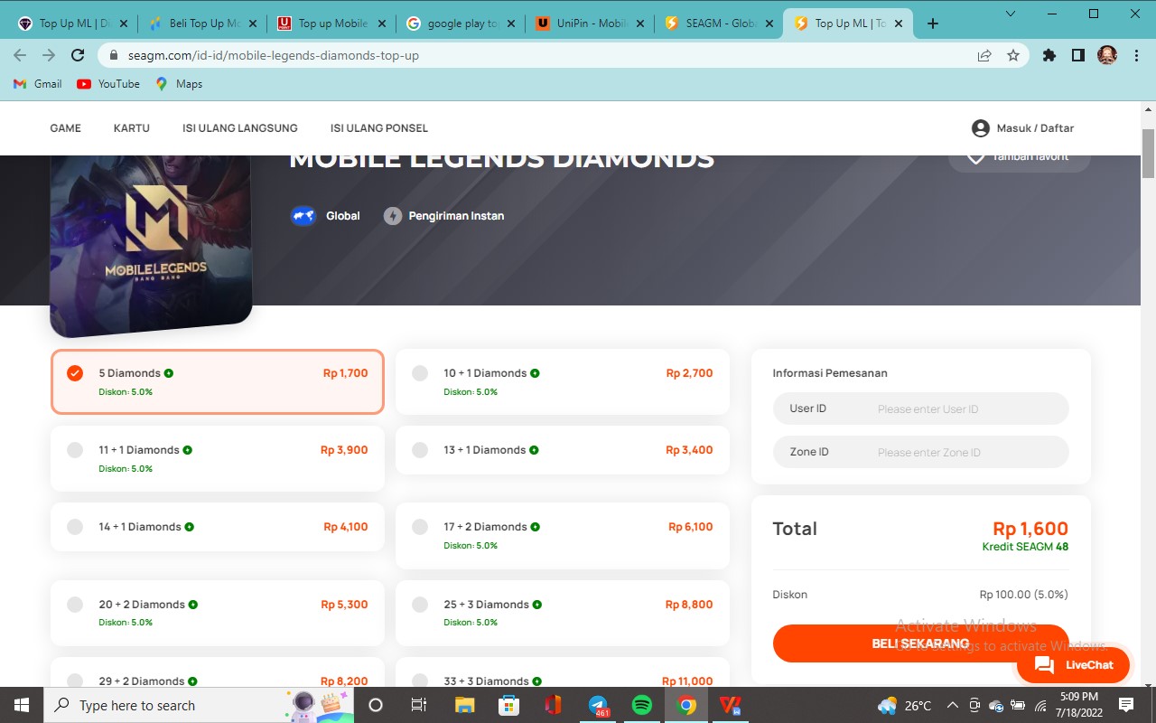 Cara top Up Diamond Mobile Legend di SEA Gamer Mall