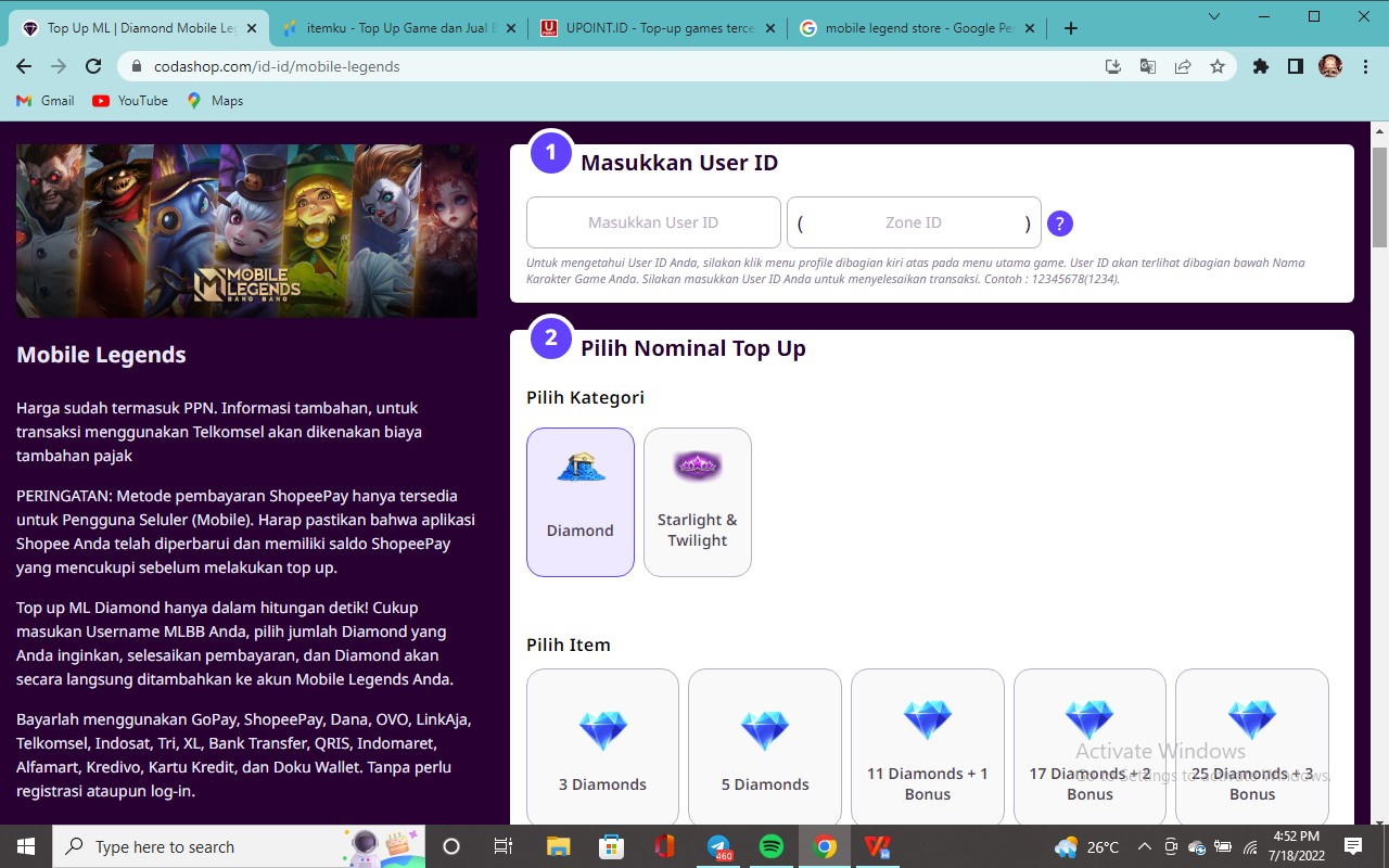 cara top up diamond Mobile Legend via Codashop