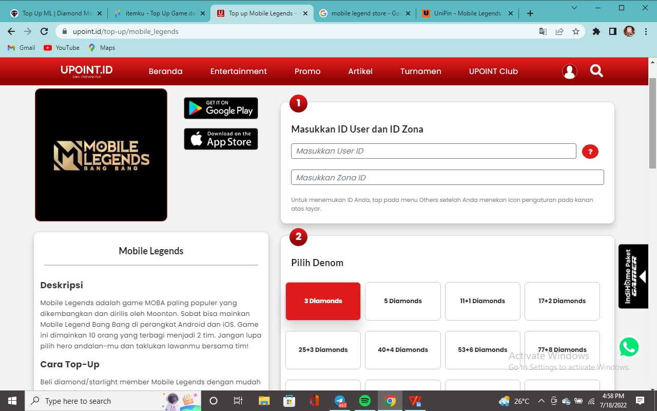 top up diamond Mobile Legend di Upoint