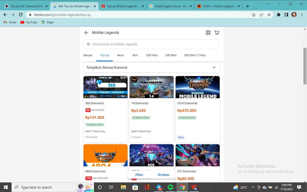top up diamond Mobile Legends di Itemku