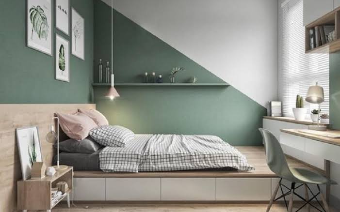 Kamar Tidur dengan Kombinasi Warna Hijau-Putih Aesthetic