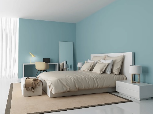 Kamar tidur dengan warna cat Light blue aesthetic
