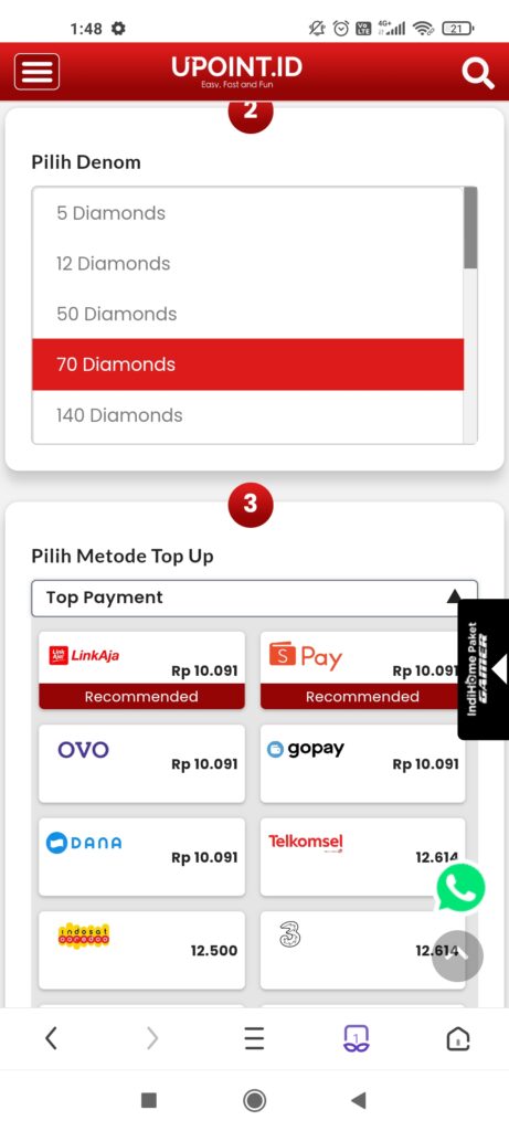 Top up Free Fire Pulsa Indosat Upoint