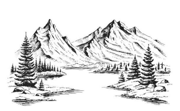 Gambar arsiran pemandangan gunung