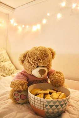 wallpaper boneka teddy bear sedang makan