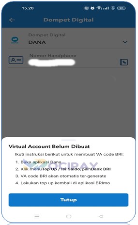 Virtual Account Code BRI belum dibuat di Aplikasi Dana
