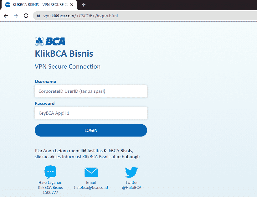 halaman login VPN KlikBCA Bisnis